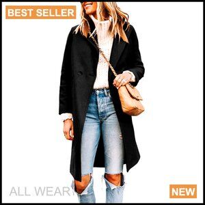 Notch Lapel Double Breasted Wool Blend Pea Trench Coat Mid Long Classic Elegant